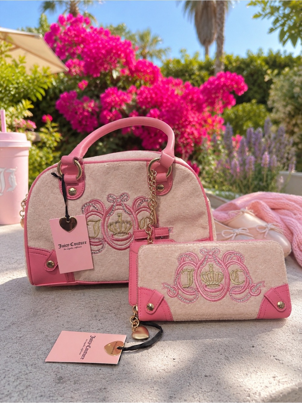 Juicy Couture Pink Embroidered Dome Satchel and Wallet Set